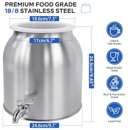 Stainless Steel Water Dispenser, 2.5 Gallon Drink Dispenser with 18/8 Stainless Steel Spigot & Airtight Lid, Water Cooler Dispenser Countertop for 3-5 Gallon Bottle, Water Crock for Parties Home