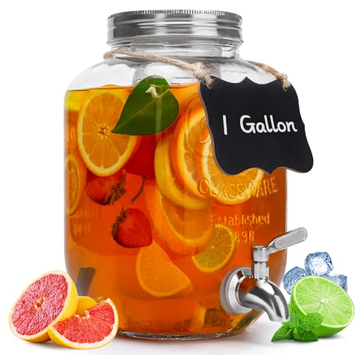 1 Gallon Glass Beverage Dispenser with Lid, Stainless Steel Spigot, Glass Drink Dispensers for Parties, Lemonade Dispenser With Ice Cylinder for Weddings, Party,Sun Tea Jar, Water Juice Dispensers