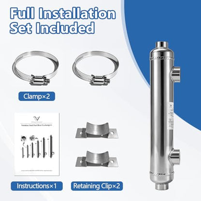 AB Swimming Pool Heat Exchanger 55kBtu Stainless Steel 316L Same Side Ports 1 1/2" & 1" FPT w/Brackets for Juice Treatment - size: 55K-2-S+Brackets