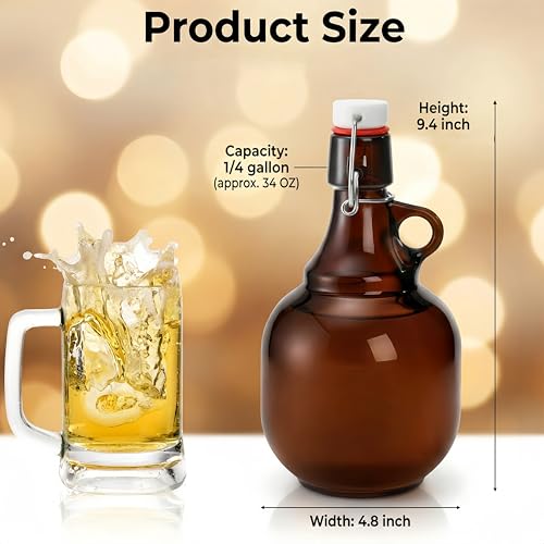 3 Pack 34OZ Amber Glass Bottle, Swing Top Home Brewing Beer Jar, Glass Gallon Jugs with Airtight Rubber, Reusable Leak-proof Container for Kombucha, Beverage, Oil, Vinegar