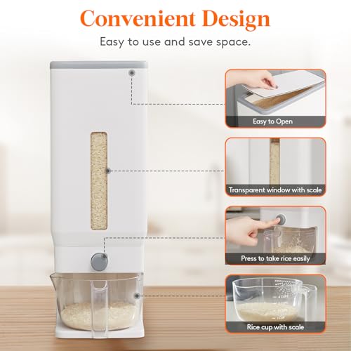 Lifewit Rice Dispenser 25 Lbs(11.3kg), Rice Storage Container Sealed Moisture Proof with Measuring Cup for Kitchen Pantry Household, BPA-Free, 1 Pack White - color: White