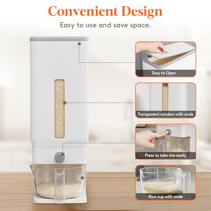 Lifewit Rice Dispenser 25 Lbs(11.3kg), Rice Storage Container Sealed Moisture Proof with Measuring Cup for Kitchen Pantry Household, BPA-Free, 1 Pack White - color: White