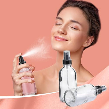 Fumete 2 Pack Glass Bottles 4oz Empty Refillable Liquid Containers with 1 Label 1 Funnel for Essential Oils Hair Travel Plants Cleaning Skin Care(Clear, Black Top,Mist Bottle) - color: Clear, Black Top, style: Mist Bottle