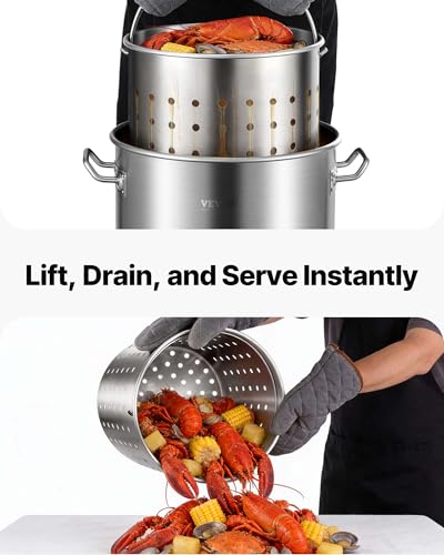 VEVOR Stainless Steel Stockpot, 42 Quart Large Cooking Pots, Cookware Sauce Pot with Strainer, Lid, and Handle, Heavy Duty Commercial Grade Stock Pot, Sanding Treatment, for Large Groups Events Silver - size: 42 Quarts