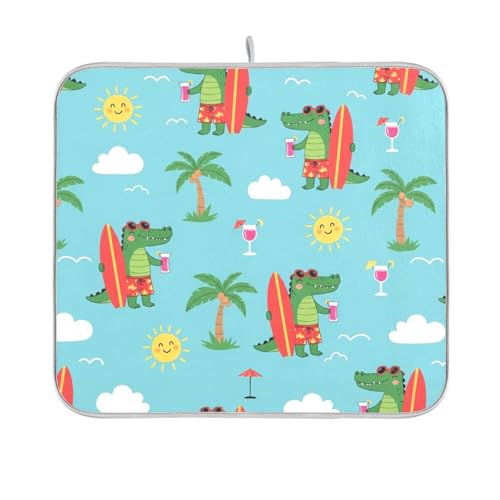 Crocodile Palm Trees Dish Drying Mat for Kitchen Counter Super Absorbent Draining Mat with Non-slip Backed Dishwashing Mat for Dish Cups Bowl Bottles Countertops Sinks Draining Racks