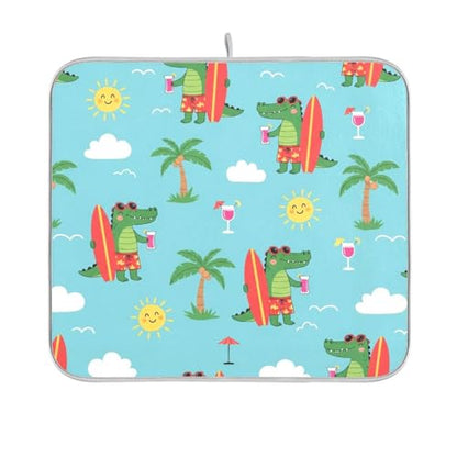 Crocodile Palm Trees Dish Drying Mat for Kitchen Counter Super Absorbent Draining Mat with Non-slip Backed Dishwashing Mat for Dish Cups Bowl Bottles Countertops Sinks Draining Racks