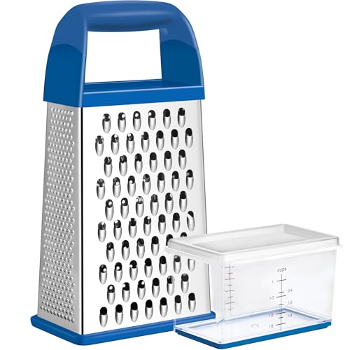 Urbanstrive Cheese Grater With Container, Professional Cheese Grater with Handle, Stainless Steel Graters for Kitchen Handheld, Box Grater with 4 Sides for Vegetables, Ginger, Potatoes (Dark Blue) - color: Dark Blue