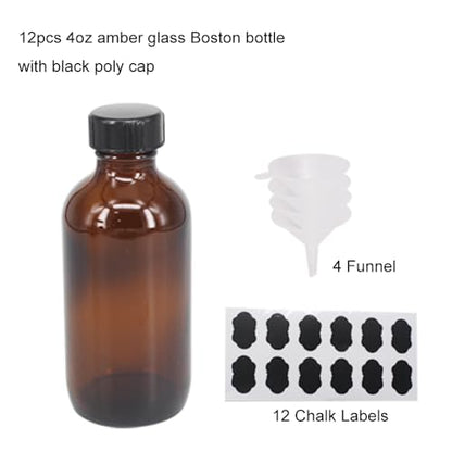 12 Pack 4 oz Amber Boston Glass Bottle with Black Cap, Funnel, Labels for Homemade Vanilla Extract, Essential Oils, Wedding