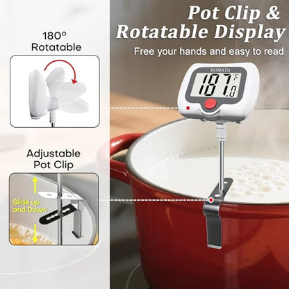 BOMATA Digital Candy Thermometer with Pot Clip, Deep Fry Oil Thermometer with Rotatable Display & Long Probe, for Candy Candle Making, Cooking, Food, Liquids, Water, Sugar.. White - color: White