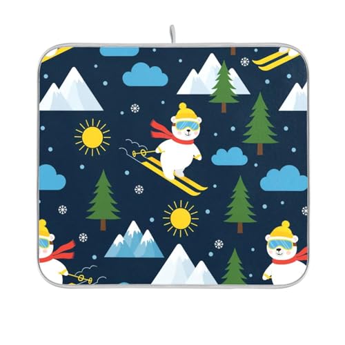 Skiing Polar Bear Tree Dish Drying Mat for Kitchen Counter Super Absorbent Draining Mat with Non-slip Backed Sink Mats for Dish Bottles Cups Bowl Draining Racks Countertops Sinks