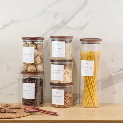 Set of 3 Glass Pantry Jars with Acacia Wood Lids, 45oz Airtight Glass Kitchen Canisters with 105 Labels, Clear Pantry Storage Containers for Coffee, Sugar, Oats, Pasta, Cookies - size: 45oz 3 Pack