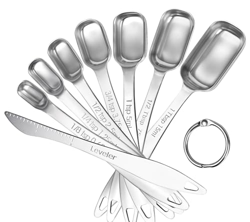 U-Taste Narrow Square Measuring Spoons: 18/8 Stainless Steel Kitchen Measure Teaspoon Tablespoon with Leveler, Polygon Rectangular Metal Jar Scoop for Baking Cooking, Coffee, Spice, Powder (Set of 8) - size: 7 Spoons+1 Leveler