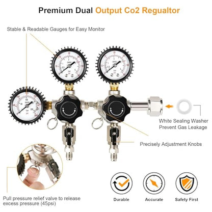Keg Co2 Regulator Dual Output, Triple Gauge CGA-320 Co2 Regulator for Kegerator with 1/4'' & 5/16'' Quick Disconnect Barb Connectors, Co2 Tank Pressure Regulator with Safety Pressure Relief Valve - size: Dual Output - Threded Fitting