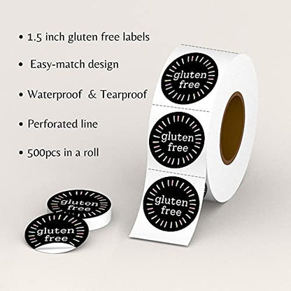Mobiusea Creation Gluten Free Stickers Roll | 1.5 Inch | Waterproof | 500pcs Gluten Free Labels for Cookie Cupcake Stickers Homemade Bakery Bread Bags Labels Baked Goods Packaging