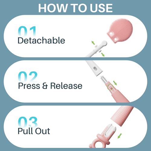 JOYMOOP Silicone Bottle Brush & Straw Cleaner Brush Set, Multi-Functional Bottle Washer for Sports Water Bottle,Glassware,Vase,and Narrow Neck Containers,Pink
