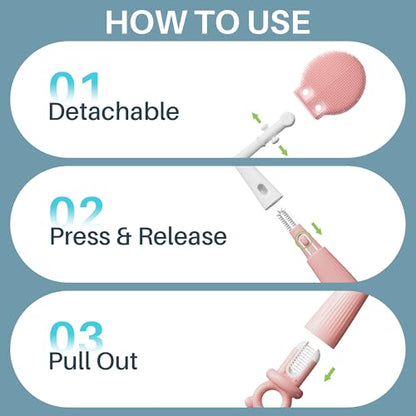 JOYMOOP Silicone Bottle Brush & Straw Cleaner Brush Set, Multi-Functional Bottle Washer for Sports Water Bottle,Glassware,Vase,and Narrow Neck Containers,Pink