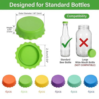 24 PCS Silicone Bottle Caps 6 Colors Reusable Beer Bottle Caps Wine Cap for Beer, Soda, Wine, Soft Drink Bottles, Home Brewing Kitchen Gadgets