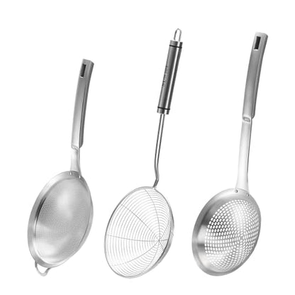 3 Pieces Spider Strainer Skimmer Spoon Set, Fine Mesh Stainless Steel Sieve Food Strainers, Large Hole Slotted Colander Frying Spoons, Strainer Ladle Wire Skimmer Spoon with Handle for Kitchen