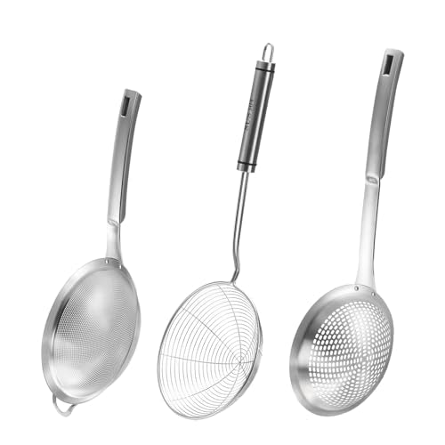 3 Pieces Spider Strainer Skimmer Spoon Set, Fine Mesh Stainless Steel Sieve Food Strainers, Large Hole Slotted Colander Frying Spoons, Strainer Ladle Wire Skimmer Spoon with Handle for Kitchen