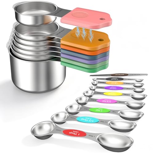 Magnetic Measuring Cups & Spoons Set, Strong N52 Magnets, Heavy Duty 304 Stainless Steel, Dual-Sided Design Fits Spice Jars, Easy-to-Read Markings, 16-Piece Set with Leveler for Baking & Cooking