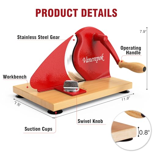 vanerepok Manual Bread Slicer Adjustable Thickness for Homemade Sourdough | Hand Crank Bread Cutter with Scale & Stable Suction Cups & Wood Base for Even Slicing Perfect Baking Gift for Home Bakers - color: Red