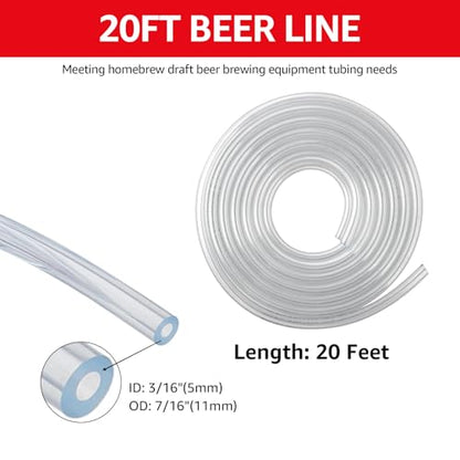 FERRODAY 20 Feet Beer Line, 3/16" ID 7/16" OD Vinyl Tubing Keg Beer Hose, Kegerator Beer Tube Replacement Kit with 6 Pcs Hose Clamps, Food Grade Hose for Corny Keg, Kegerator Tower,D Coupler Dispense - size: 20FT-Beer Line