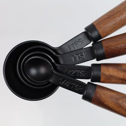 Set of 4 Measuring Spoons Black Measuring Scoops with Wooden Handle Stainless Steel Measuring Spoons Set for Kitchen Flour Spice Seasoning Measurement (15ml+5ml+2.5ml+1.25ml) - size: 1/16+1/48+1/96+1/192 Cup