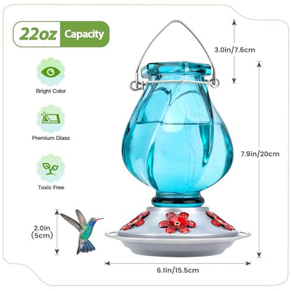 Hummingbird Feeder, BOLITE Glass Hummingbird Feeders for Outdoors Hanging, with Ant Moat and Five Feeding Ports, 22 Ounces, Leak Proof, Blue Bottle - color: Ruby Blue