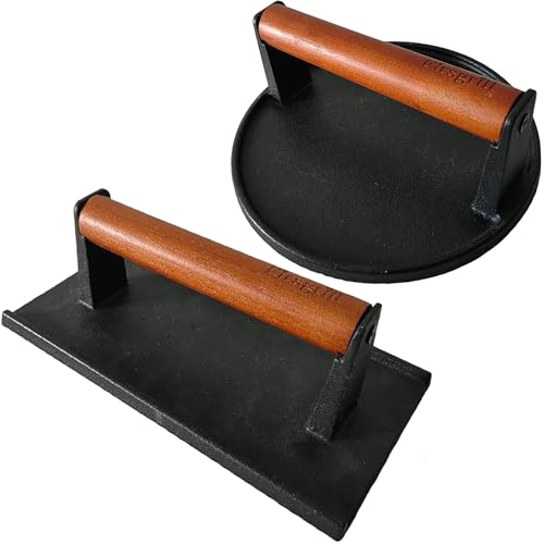 Firsgrill Burger Press 7.08" Round & 8.3”X4.3”Rectangle Heavy-Duty Cast Iron Smash Meat Steak with Wood Handle for Blackstone Camp Chef Pitboss Weber Treager Griddle (Round & Rectangle w Flat Bottom) - size: Round & Rectangle w Flat Bottom