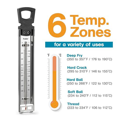 Polder Candy/Jelly/Deep Fry Thermometer, Stainless Steel, with Adjustable Sliding Pot Clip Attachment and Quick Reference Temperature Guide - color: Silver- Set of 2