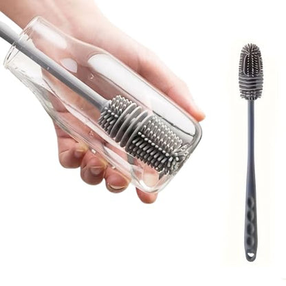 Silicone Long Handled Bottle Brush with Flexible Head for Cups and Bottles, Multi Use Cleaner for Kitchen Bathroom Car, Grey - color: Gray
