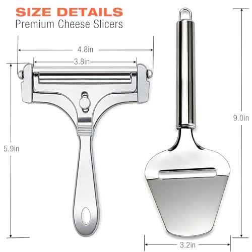 2 Pack Cheese Slicers, AIDOIT Stainless Steel Wire Cheese Slicer with Cheese Plane Tool, Adjustable Thickness Cheese Cutter with 8 Extra Wires for Soft, Semi-Hard, Hard Cheeses - color: Silver-a
