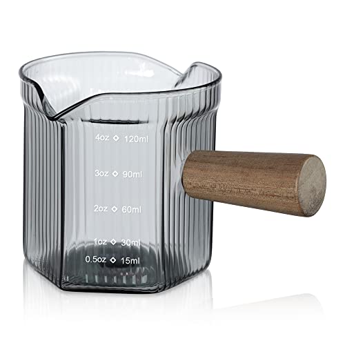 Joeyan 4 oz Grey Double Spouts Measuring Triple Pitcher Milk Cup with Wood Handle,Ribbed High Borosilicate Glass Measuring Cup, Espresso Shot Glasses - color: 4 Oz Double Spouts Smoke Grey Colored Measuring