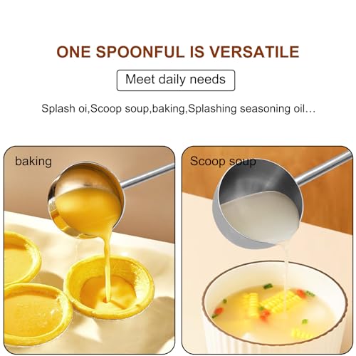 2Pcs Stainless Steel Cooking Spoons, Sauce Scoop with Long Handle 304 Stainless Steel Deep Oil Sauce Spoon for Kitchen Cooking, Serving