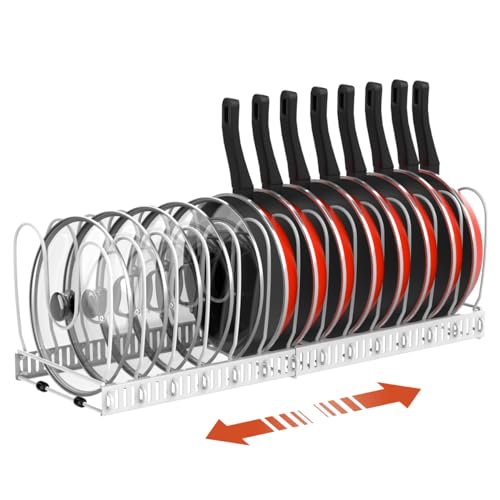 Housolution Pot and Pan Organizer Rack for Cabinet, Upgraded Expandable Pot Lid Organizer with 14 Adjustable Dividers, Pan Holder Storage Rack for Kitchen Cabinet, White - color: White, size: 14 Dividers