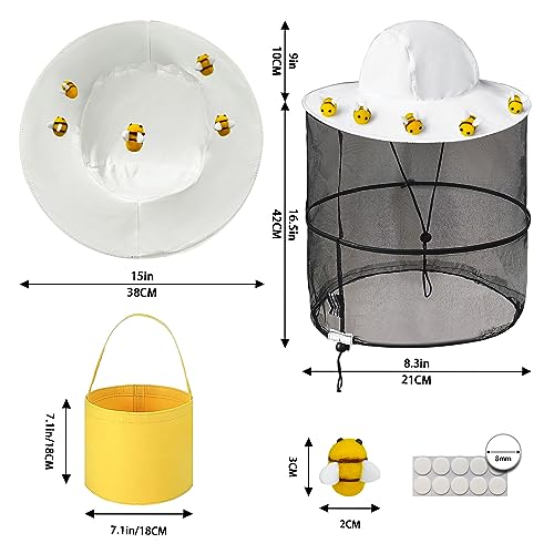 17pcs Beekeeper Set Includes1pc Beekeeper Veil Hat 5pcs Wool Felt Bees 10pcs Round Double Sided Tape 1pc Yellow Felt Bucket for Bee Keeper Catcher Halloween Costume for Adult