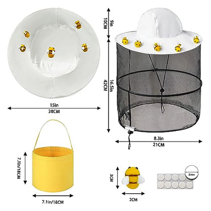 17pcs Beekeeper Set Includes1pc Beekeeper Veil Hat 5pcs Wool Felt Bees 10pcs Round Double Sided Tape 1pc Yellow Felt Bucket for Bee Keeper Catcher Halloween Costume for Adult