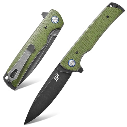 Eafengrow EF973 Folding Knife, D2 Steel Blade Micarta Handle Scale Pocket Knife Folder for Working Camping Hiking EDC Tool Knife（army green - color: green
