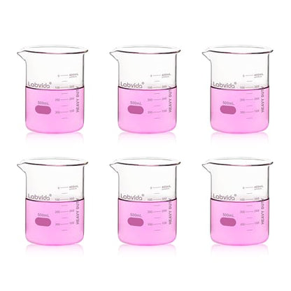 6pcs 500ml Upgrated Thick Glass Beakers, Griffin Low Form Beaker Set with Double Scale, 3.3 Boro, LVA013 - style: 6pcs of Vol.500ml