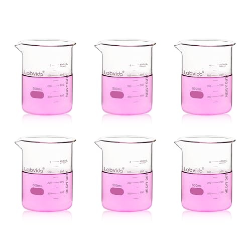 6pcs 500ml Upgrated Thick Glass Beakers, Griffin Low Form Beaker Set with Double Scale, 3.3 Boro, LVA013 - style: 6pcs of Vol.500ml