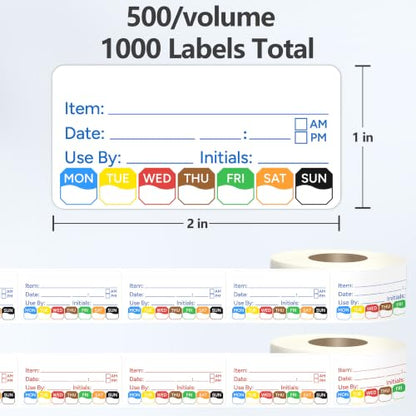 2 Rolls 1000 Pcs 1 X 2 inch Removable Food Date Sticker Labels, Easy to Write for Freezer, Refrigerator Food Containers Date Sticker, Leftover Labels (Blue-Red-US) - style: Blue-Red-US