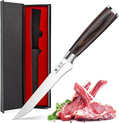 imarku Fillet Knife, German High Carbon Boning Knife, 6-Inch Stainless Steel Professional Grade Boning Fillet Knife for Fish, Pakkawood Handle for Meat and Poultry, Gifts for Men and Women - color: Silver with Brown