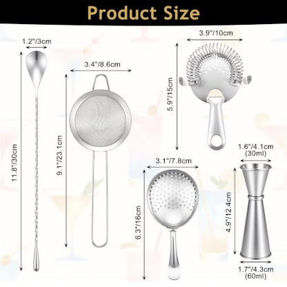 Yoption Cocktail Strainer Set, Stainless Steel Bar Tools with Mixing Stirring Spoon, Julep, Hawthorne, Fine Mesh Strainer and Jigger for Bartending