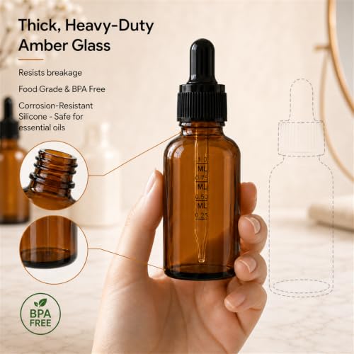 PrettyCare 4 Pack 1 oz Amber Glass Dropper Bottle with Black Cap, 30ml Tincture Bottles with Graduated Droppers - Small Eye Dropper Bottles for Essential Oils, Beauty & Travel - color: 1oz Amber with Black Cap, style: 4 Pack