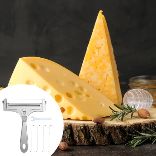 Gosknor 6pcs Cheese Slicer Kit, Stainless Steel Wire Cheese Cutter with 4 Extra Wires & Wrench Slicer Handheld Butter Cutter Food for Block Butter (Frosted Silver) - color: Frosted Silver