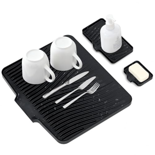 Silicone Dish Drying Mat for Kitchen counter, 15.8"x13" Extra Large Non-Slip Drain Pad with Built-in Drainage, Heat Resistant Dishwasher Safe, Black - color: Black-set, size: 15.8" x 13"
