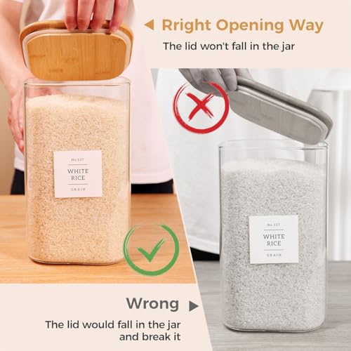 CZZGSM 2 Pack Square Glass Flour and Sugar Containers with 132 Kitchen Pantry Labels - Thicken 149 FL OZ Large Glass Storage Jars with Airtight Bamboo Lid - Big Food Canisters for Rice, Pasta, Cookie - size: 149OZ