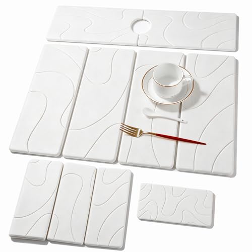 3 PCS Large Stone Dish Drying Mat for Kitchen Counter, Quick Dry Stone Dishes Mats, Sink Faucet Mat, Minimalist Water Absorbing Diatomaceous Earth Drying Pad for Countertop Tableware, Bottles - color: White Carving Lines