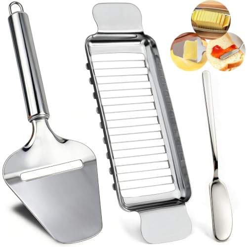 2 Pack Butter & Cheese Slicers Stainless Steel with Extra Spreader Knife | Sharp Blade - color: Silver-3PCS