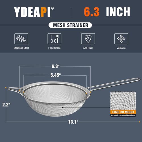 Ydeapi 6.3" Fine Mesh Strainer with Handle, Metal Food Strainers for Kitchen, Sieve Fine Mesh Stainless Steel for Rice, Quinoa, Pasta, Noodles - size: 6.3"